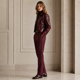 Women’s Burgundy Leather Jacket with Zip Front | Glossy Cropped Moto Jacket