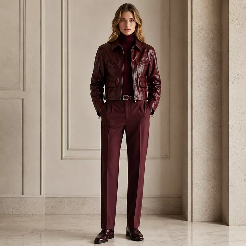 Women’s Burgundy Leather Jacket with Zip Front | Glossy Cropped Moto Jacket