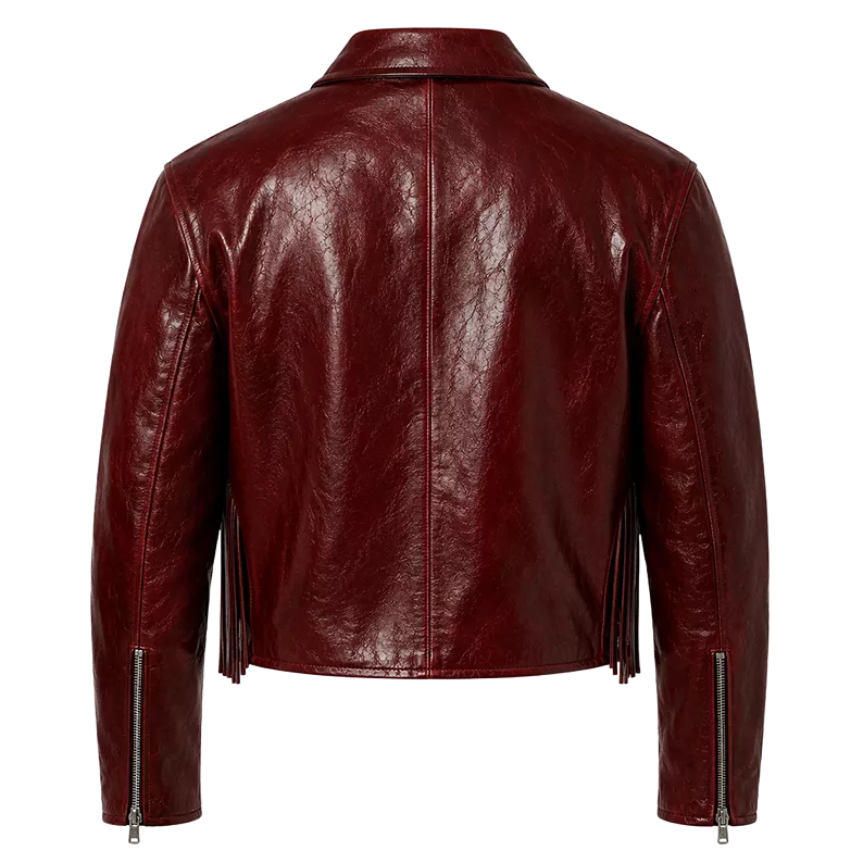 Men’s Burgundy Leather Zip Jacket with Shirt Collar | Glossy Casual Moto Jacket