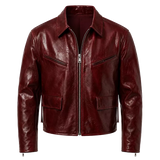 Men’s Burgundy Leather Zip Jacket with Shirt Collar | Glossy Casual Moto Jacket