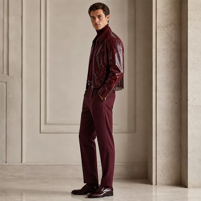 Men’s Burgundy Leather Zip Jacket with Shirt Collar | Glossy Casual Moto Jacket