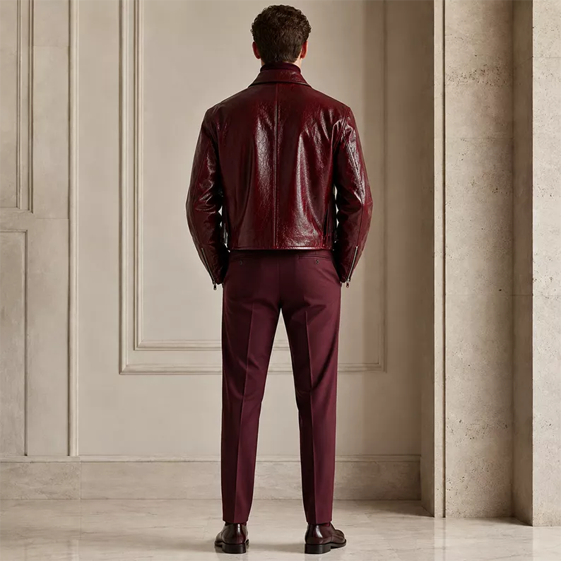 Men’s Burgundy Leather Zip Jacket with Shirt Collar | Glossy Casual Moto Jacket
