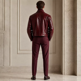 Men’s Burgundy Leather Zip Jacket with Shirt Collar | Glossy Casual Moto Jacket