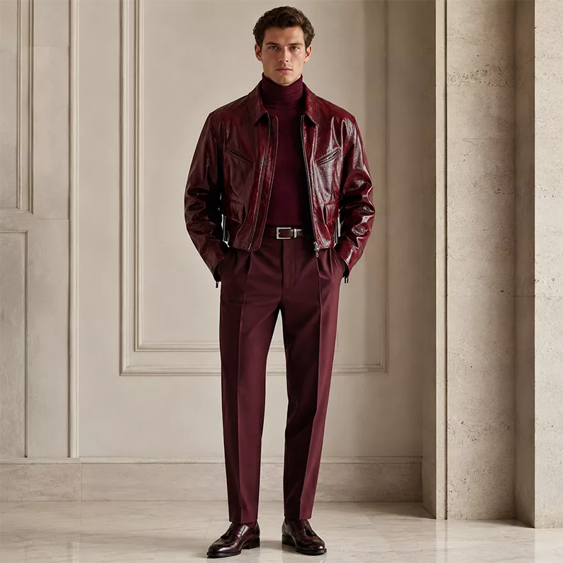 Men’s Burgundy Leather Zip Jacket with Shirt Collar | Glossy Casual Moto Jacket