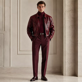 Men’s Burgundy Leather Zip Jacket with Shirt Collar | Glossy Casual Moto Jacket