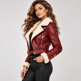 Women’s Burgundy Shearling Cropped Leather Biker Jacket