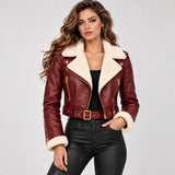 Women’s Burgundy Shearling Cropped Leather Biker Jacket