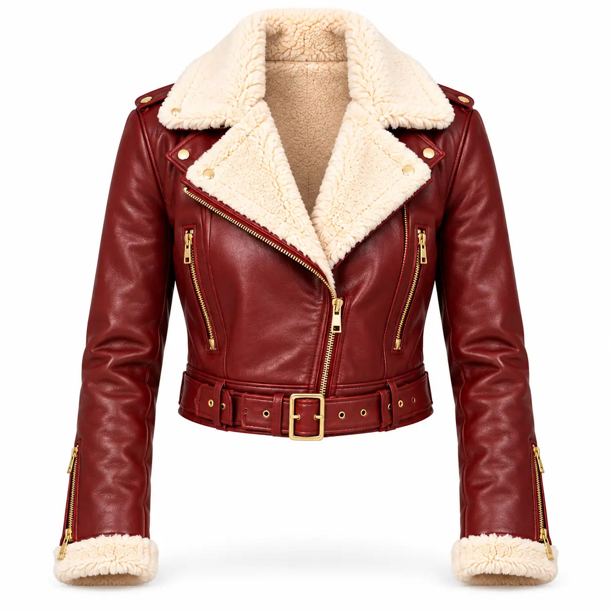 Women’s Burgundy Shearling Cropped Leather Biker Jacket