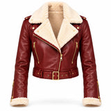 Women’s Burgundy Shearling Cropped Leather Biker Jacket
