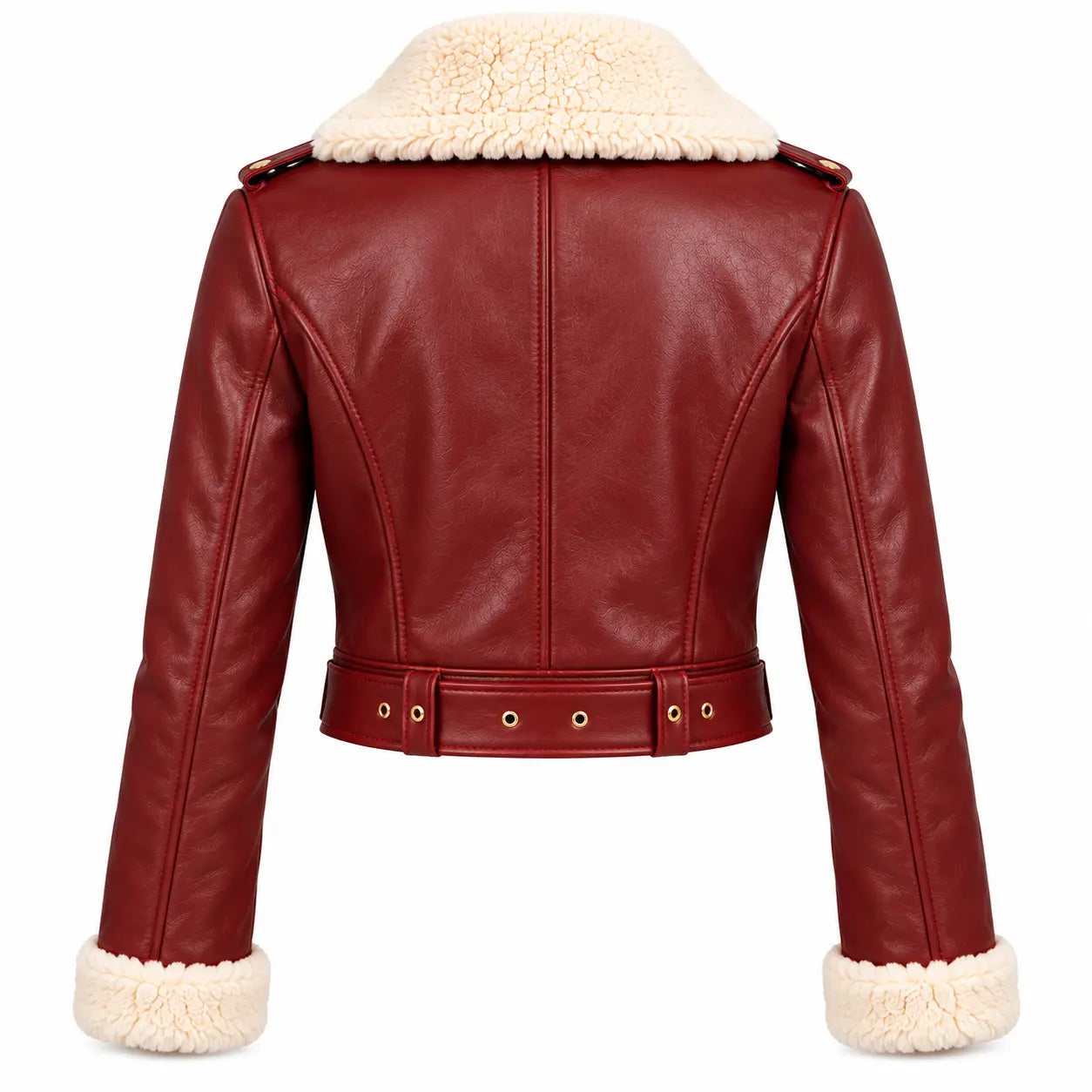 Women’s Burgundy Shearling Cropped Leather Biker Jacket