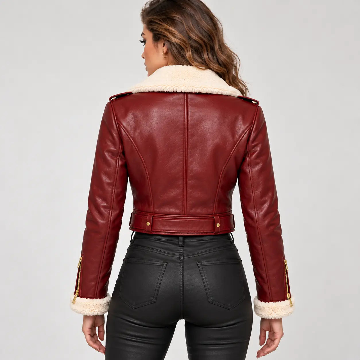 Women’s Burgundy Shearling Cropped Leather Biker Jacket