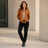 Women’s Camel Brown Leather Bomber Jacket with Black Ribbed Collar