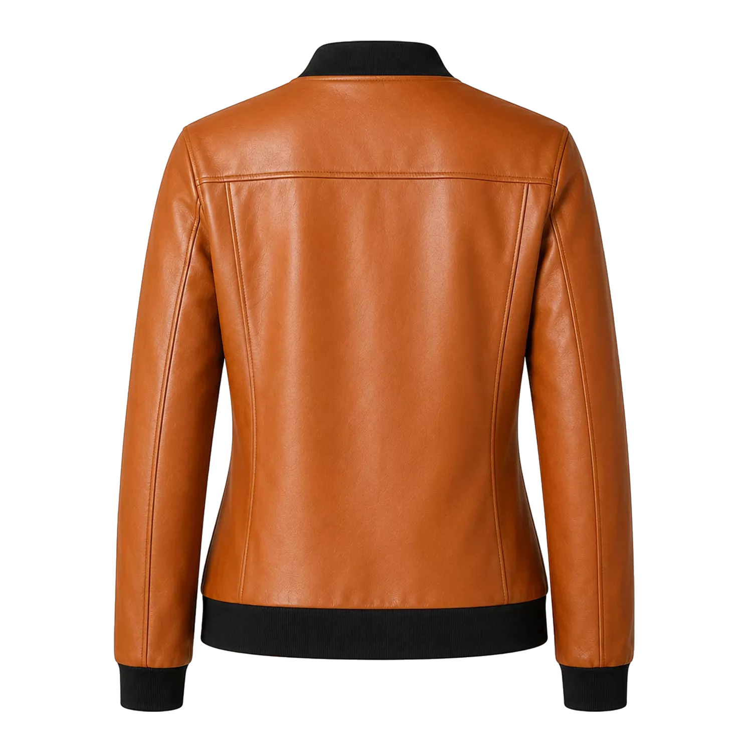 Women’s Camel Brown Leather Bomber Jacket with Black Ribbed Collar
