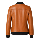 Women’s Camel Brown Leather Bomber Jacket with Black Ribbed Collar
