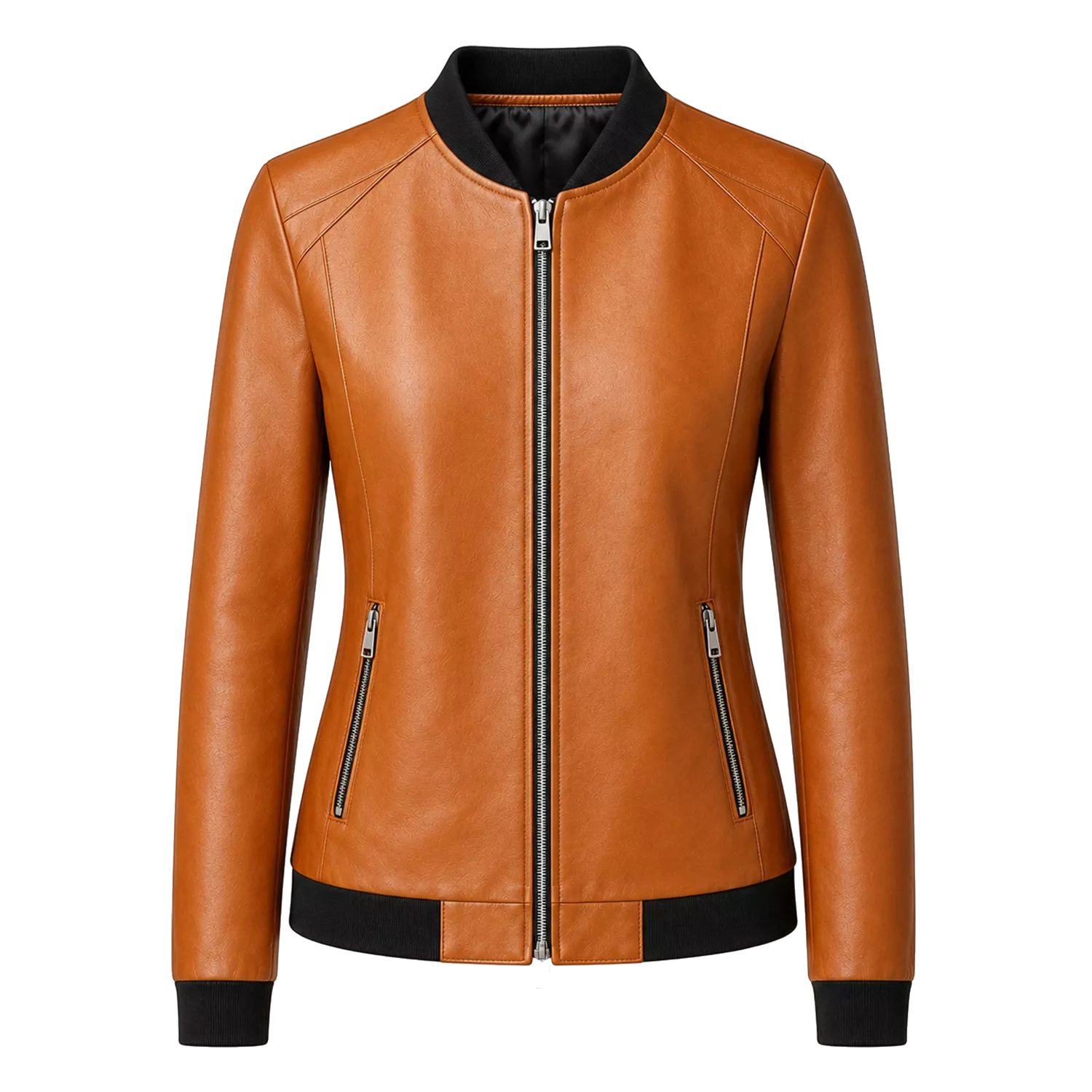 Women’s Camel Brown Leather Bomber Jacket with Black Ribbed Collar