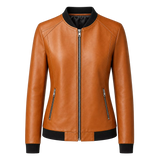 Women’s Camel Brown Leather Bomber Jacket with Black Ribbed Collar