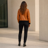 Women’s Camel Brown Leather Bomber Jacket with Black Ribbed Collar