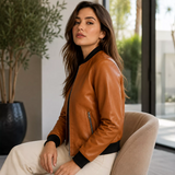 Women’s Camel Brown Leather Bomber Jacket with Black Ribbed Collar