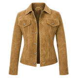 Women’s Camel Suede Leather Trucker Jacket | Button-Up Casual Jacket