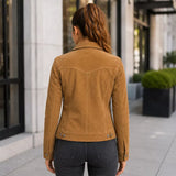 Women’s Camel Suede Leather Trucker Jacket | Button-Up Casual Jacket