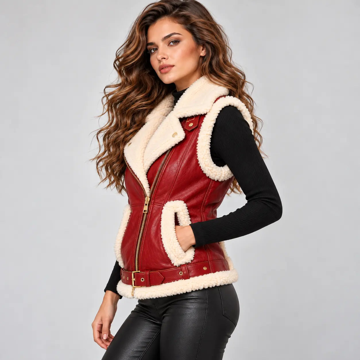 Women's Christmas Red Shearling Leather Biker Vest