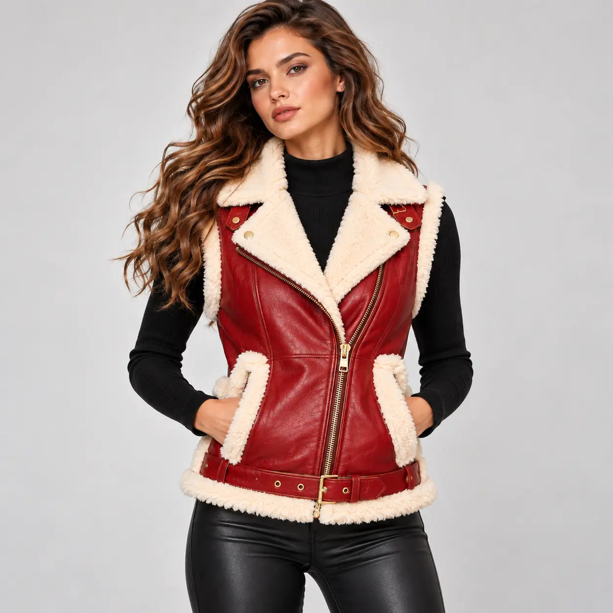Women's Christmas Red Shearling Leather Biker Vest