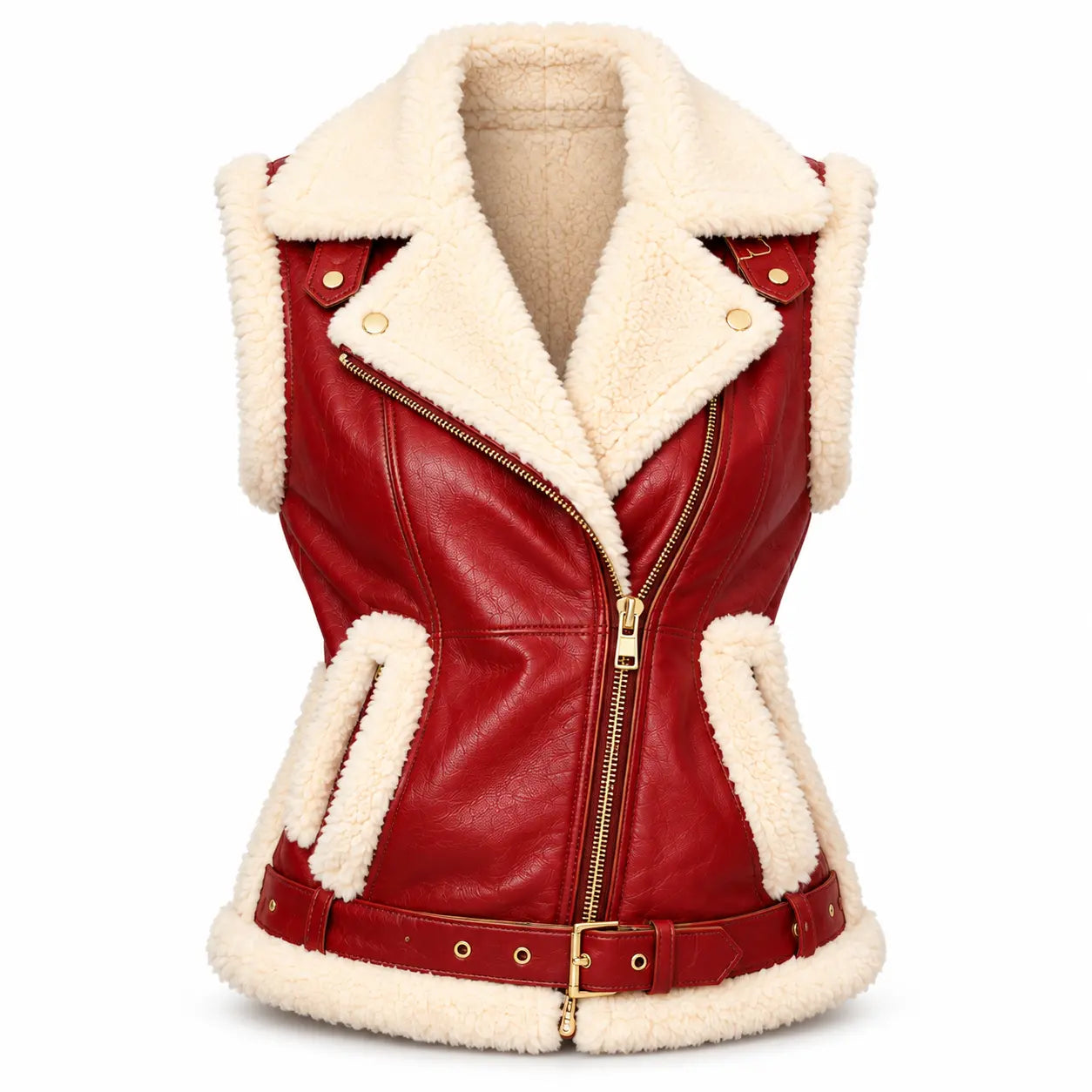Women's Christmas Red Shearling Leather Biker Vest