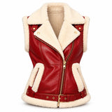 Women's Christmas Red Shearling Leather Biker Vest