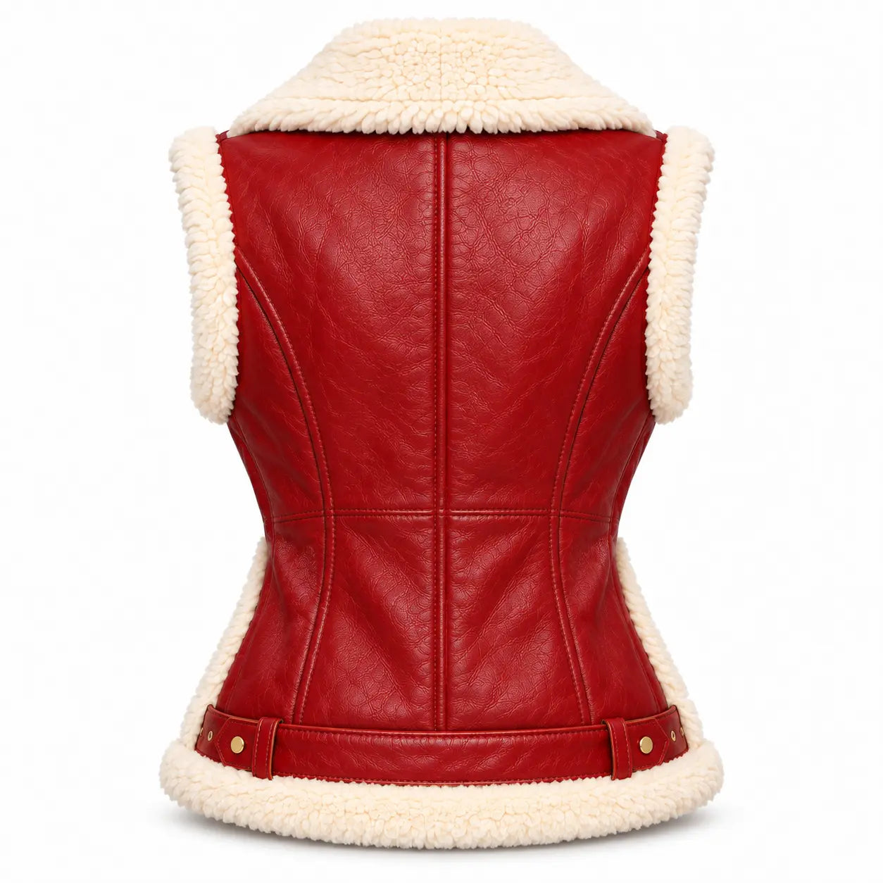 Women's Christmas Red Shearling Leather Biker Vest