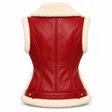 Women's Christmas Red Shearling Leather Biker Vest