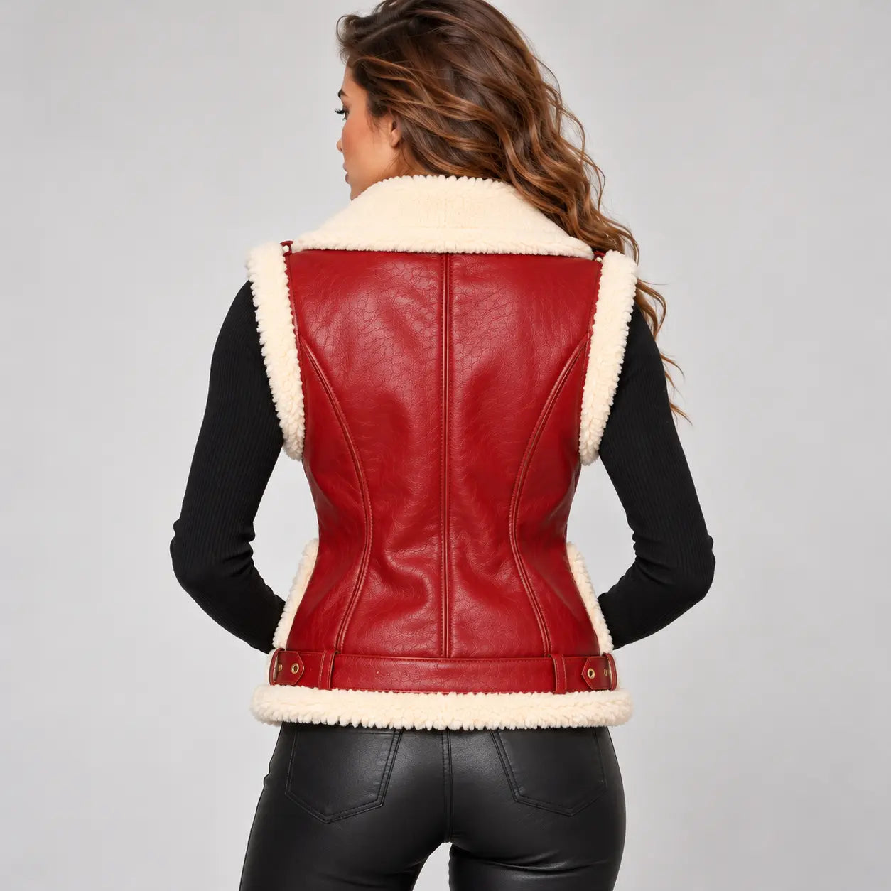 Women's Christmas Red Shearling Leather Biker Vest