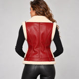 Women's Christmas Red Shearling Leather Biker Vest