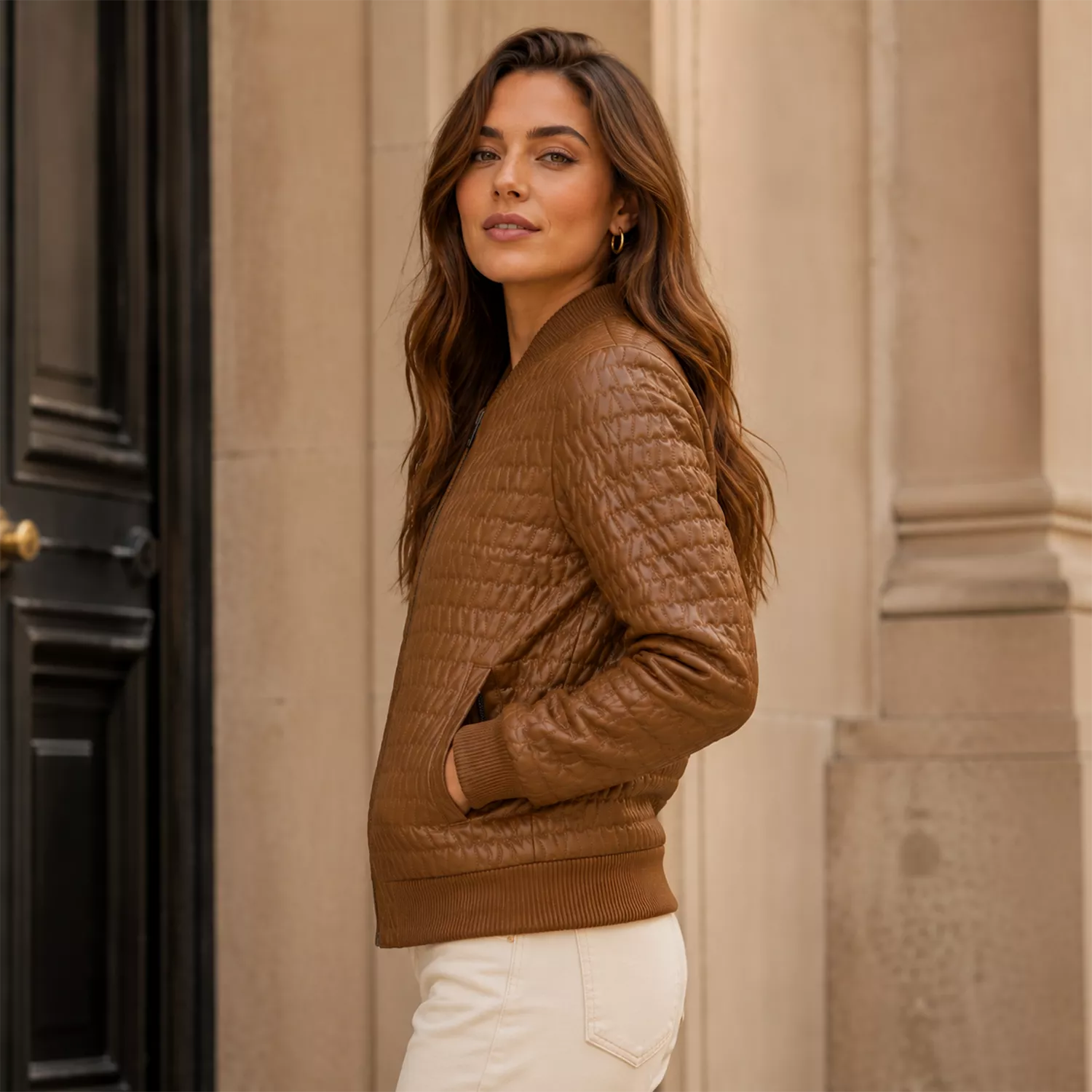 Women’s Cognac Brown Quilted Leather Bomber Jacket | Zip-Up Winter Jacket