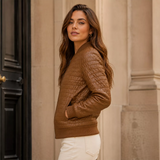 Women’s Cognac Brown Quilted Leather Bomber Jacket | Zip-Up Winter Jacket
