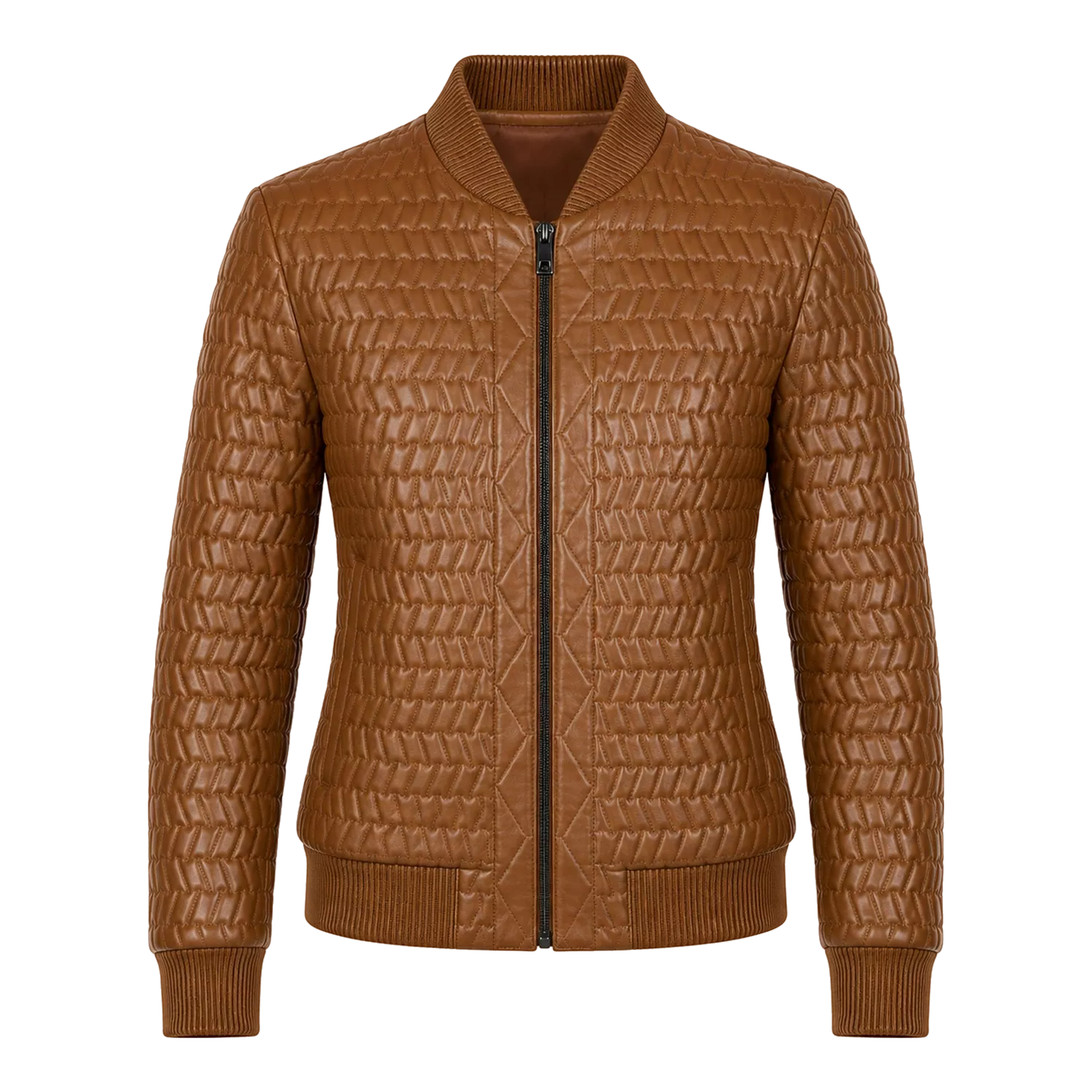 Women’s Cognac Brown Quilted Leather Bomber Jacket | Zip-Up Winter Jacket