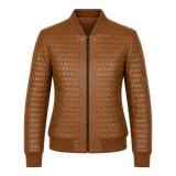 Women’s Cognac Brown Quilted Leather Bomber Jacket | Zip-Up Winter Jacket