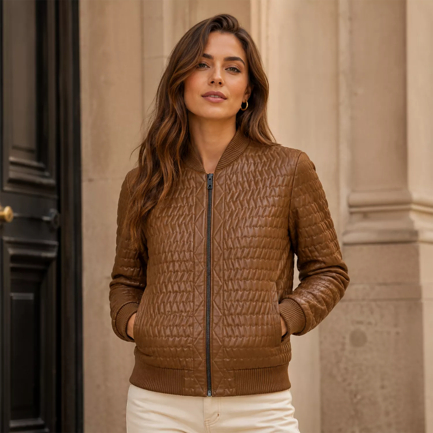 Women’s Cognac Brown Quilted Leather Bomber Jacket | Zip-Up Winter Jacket