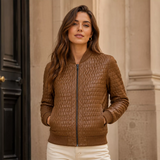 Women’s Cognac Brown Quilted Leather Bomber Jacket | Zip-Up Winter Jacket