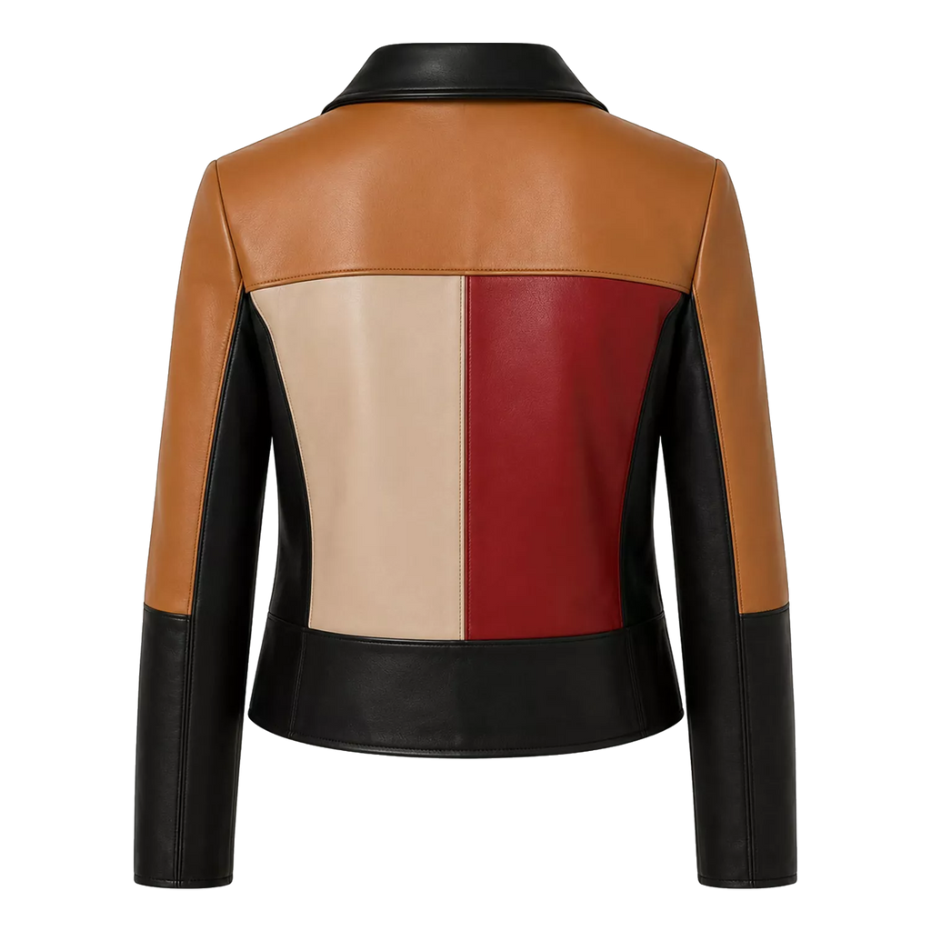 Women’s Colorblock Leather Moto Jacket | Black Red Tan Biker Jacket