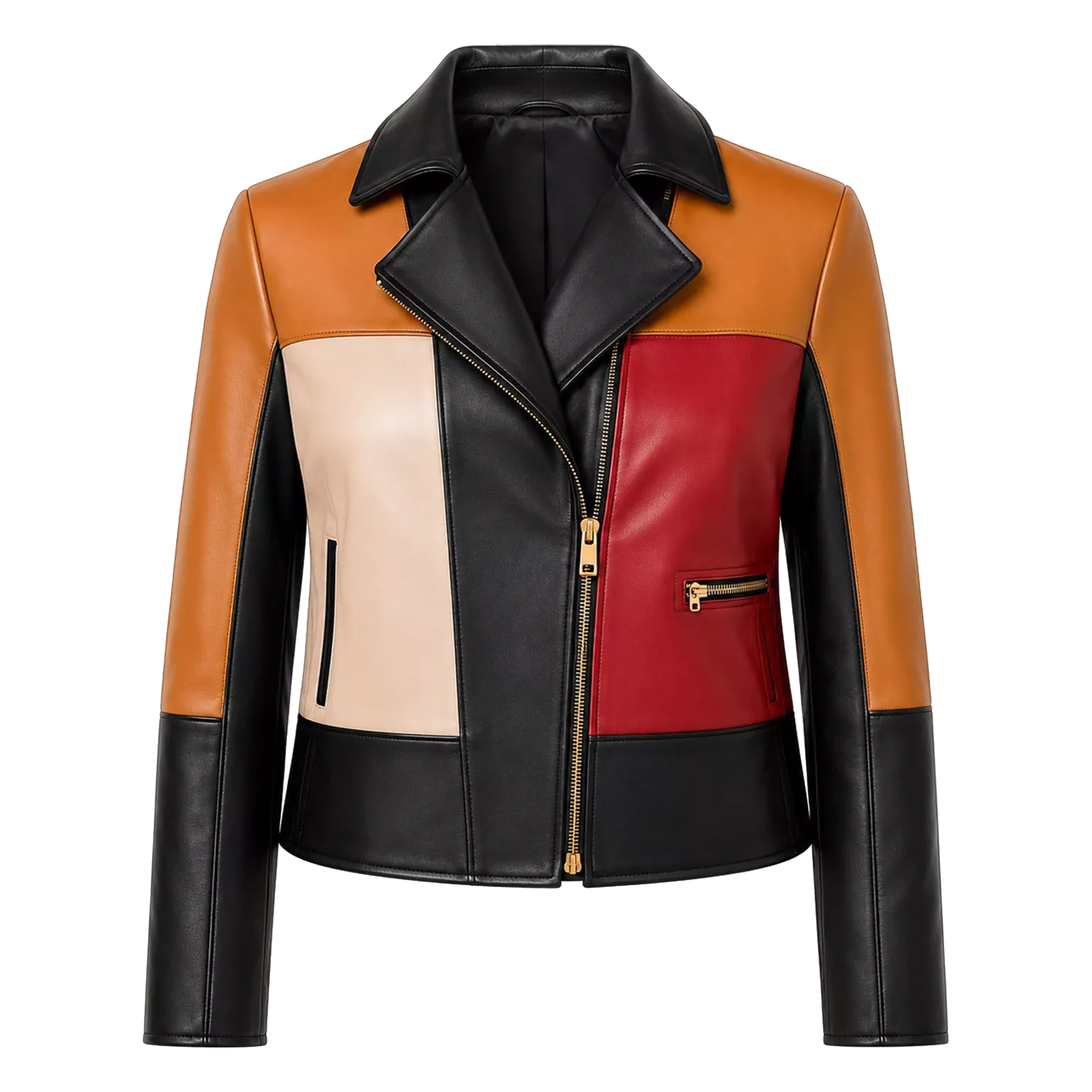 Women’s Colorblock Leather Moto Jacket | Black Red Tan Biker Jacket