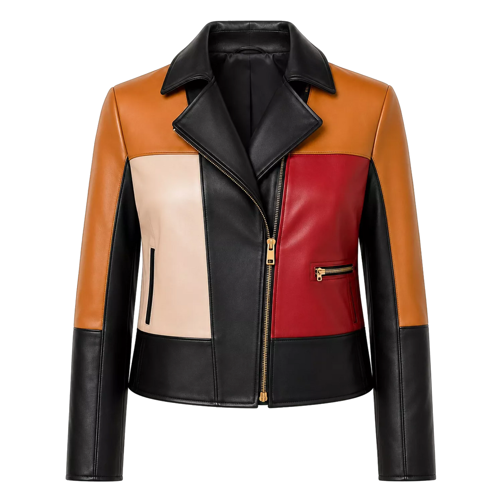 Women’s Colorblock Leather Moto Jacket | Black Red Tan Biker Jacket