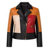 Women’s Colorblock Leather Moto Jacket | Black Red Tan Biker Jacket