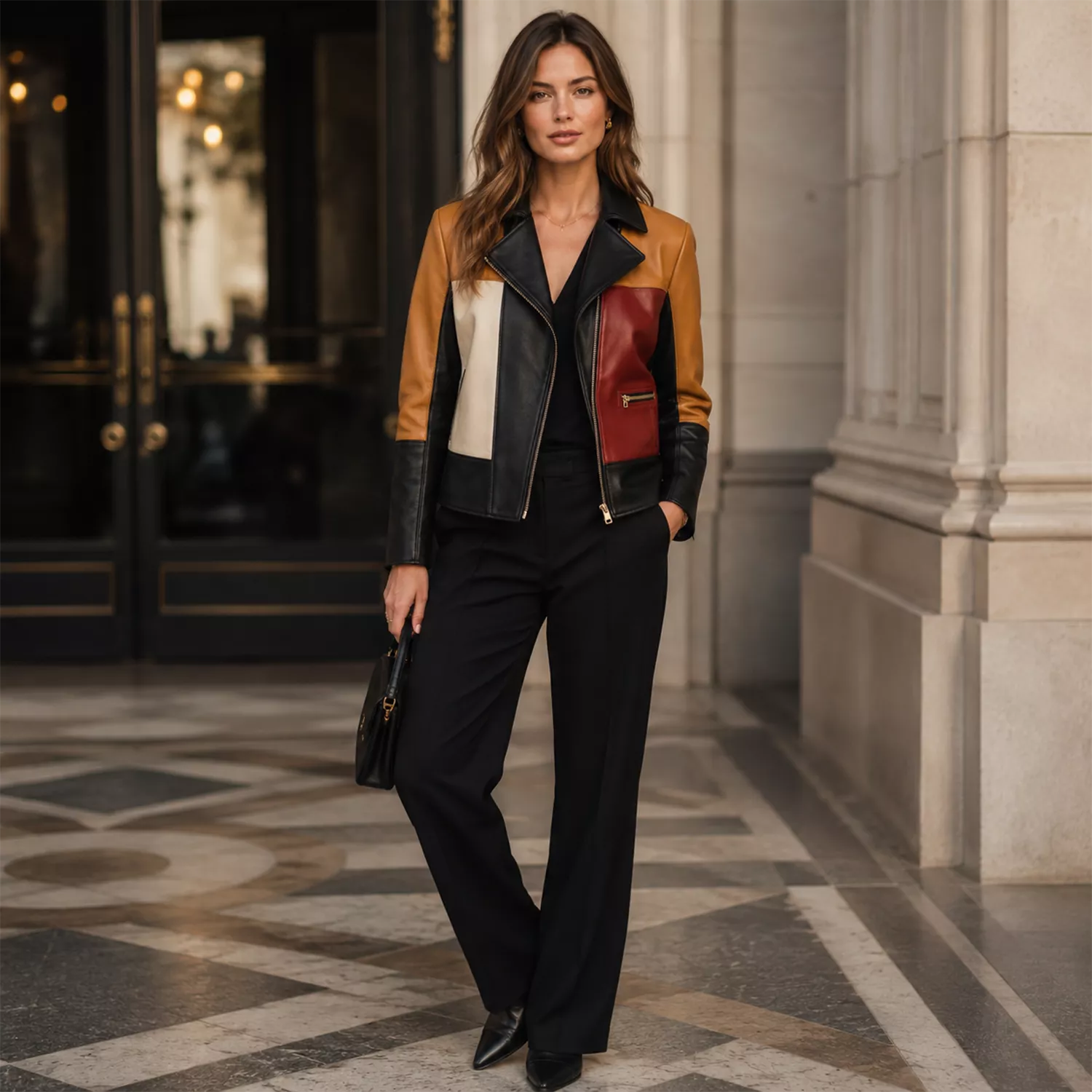 Women’s Colorblock Leather Moto Jacket | Black Red Tan Biker Jacket