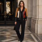 Women’s Colorblock Leather Moto Jacket | Black Red Tan Biker Jacket