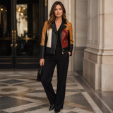 Women’s Colorblock Leather Moto Jacket | Black Red Tan Biker Jacket