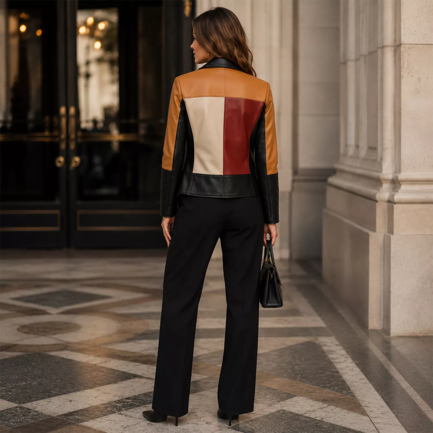 Women’s Colorblock Leather Moto Jacket | Black Red Tan Biker Jacket