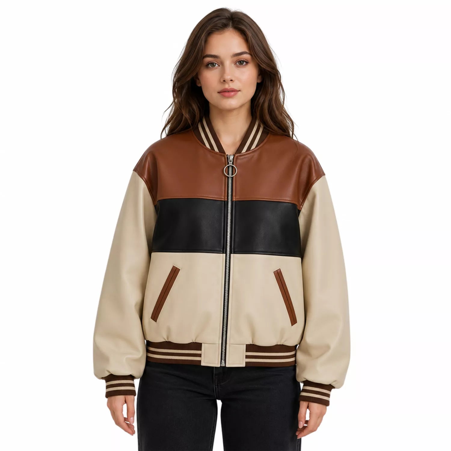 Women's Cream Brown Black Colorblock Leather Bomber Jacket