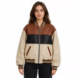 Women's Cream Brown Black Colorblock Leather Bomber Jacket