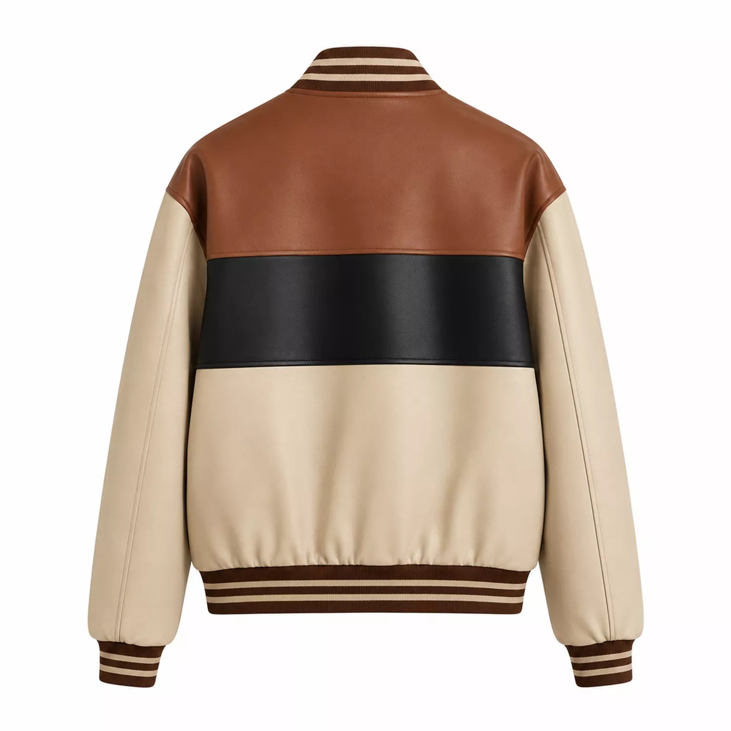 Women's Cream Brown Black Colorblock Leather Bomber Jacket