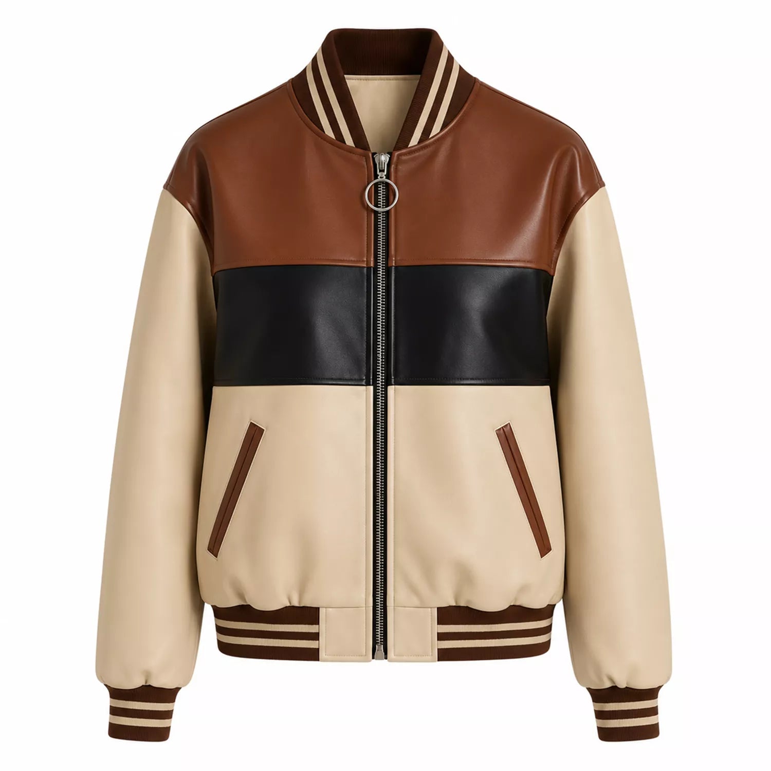 Women's Cream Brown Black Colorblock Leather Bomber Jacket